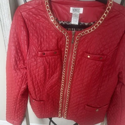 Monroe & Main Red Quilted Faux Leather Jacket with Chain Detail Size Medium - Image 1 of 4