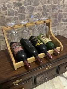 Dolls House Miniature Wooden Wine Rack, Wine Bottles & Glasses - Picture 1 of 7