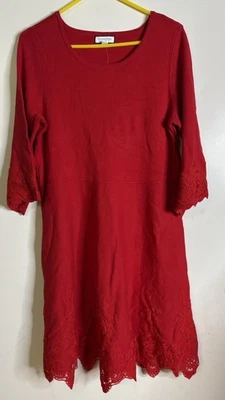 Charter Club MIDI Fit & Flare Sweater Knit Dress Lace Scalloped Hem Red Size 2X - Image 1 of 4