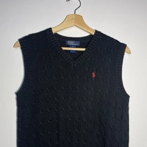 Vintage Polo Ralph Lauren Sweater Vest Youth XL Boys Black Cable Knit Preppy - Picture 1 of 6