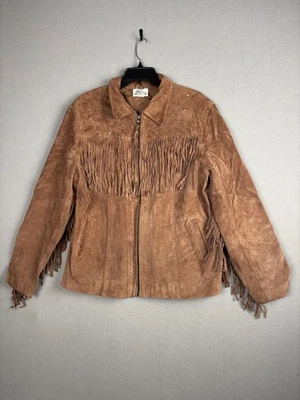 Chaqueta de cuero Quacker Factory para mujer grande marrón gamuza flecos tachonados occidental Foto 1 de 4