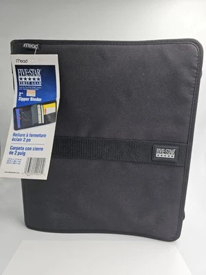 Carpeta de escuela/oficina vintage Mead cinco estrellas negra 3 anillos trampero guardián cremallera Foto 1 de 4
