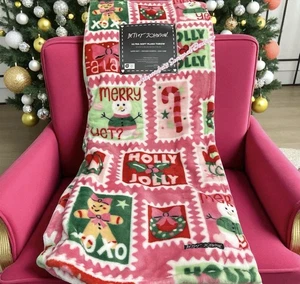 Betsey Johnson Pink Christmas Stamps Design 50x70 Throw Blanket Gingerbread New - Picture 1 of 4