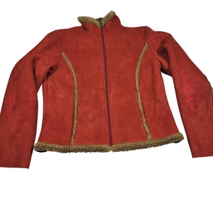 L.L.Bean Jacket Womens Medium Petite Red Faux Suede Sherpa Lined Full Zip Trim - Picture 1 of 7