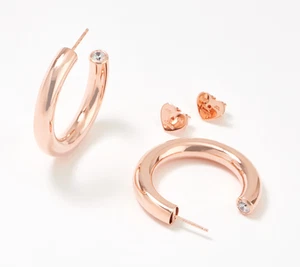 Diamonique Tell Me About It Sterling Silver Rose Stud High-Polish Hoops 1-1/4" - Picture 1 of 1