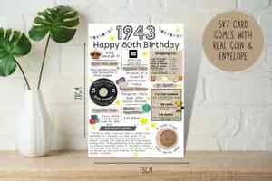 80th Birthday Card With 1943 Coin & Envelope - Choose your Card Colour -British