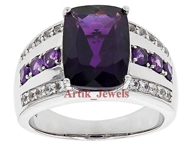 Natural Amethyst & CZ With 14K White Gold Plated Silver Ring for Men's #454 - Image 1 of 4
