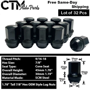 32Pc 1.78" BLACK 9/16-18 OEM 7/8 HEX LUG NUT FIT 94-11 DODGE/RAM 2500/RAM 3500 - Picture 1 of 3
