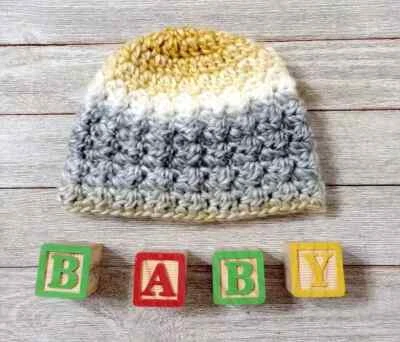 ganchillo hecho a mano bebé recién nacido sombrero gorro 0-3 meses puff miel amarillo gris nuevo Foto 1 de 2