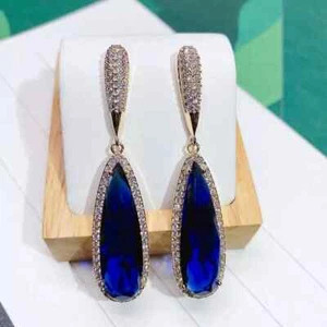 3Ct Pear Cut Lab-Created Sapphire Drop & Dangle Earring's 14k Yellow Gold Plated - Picture 1 of 3
