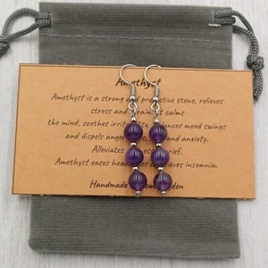 Handmade Amethyst Crystal Healing Gemstone Chakra 6mm Bead Hook Earrings - Picture 1 of 3