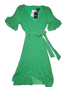 DKNY Wrap Dress Green Ruffle Sleeve Tie Waist Zip Women's 10 Lined Polyester NEW