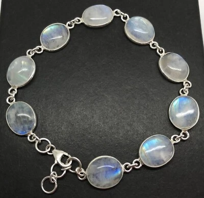 Rainbow moonstone oval bracelet solid Sterling Silver. Longer length. Gift box. Foto 1 de 4