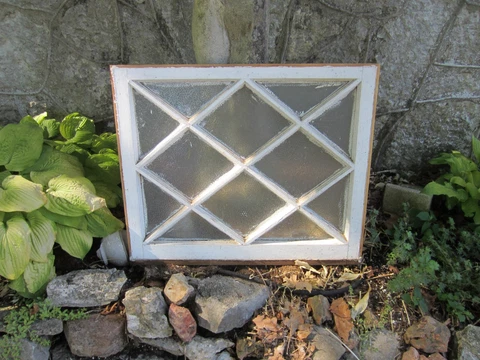 Architectural Salvage: WINDOW Chippy White Paint, Florentine Glass DIAMOND PANES Cover