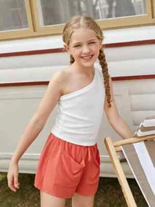 Shein girls 10yrs or 11-12yrs ribbed one shoulder white top & dark coral shorts - Picture 1 of 2