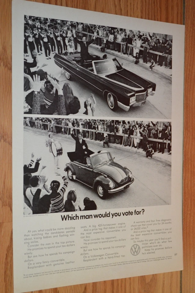 1972 VW BEETLE VS CADILLAC ОРИГИНАЛЬНАЯ РЕКЛАМНАЯ РЕКЛАМА ПЕЧАТЬ 72 VOLKSWAGEN BUG - Изображение 1 из 1