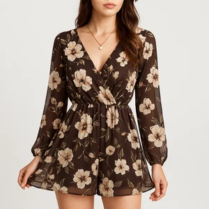 Mameluco marrón floral de gasa manga larga superposición transparente para mujer talla S boho chic - Imagen 1 de 12