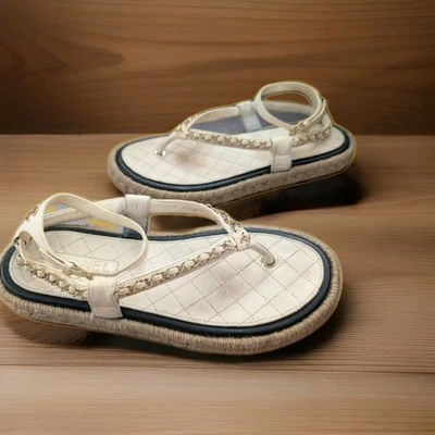 Chanel CC логотип слоновой кости кожи цепочка гладиатор Espadrille сандалии туфли плоскостях 41 - Изображение 1 из 4