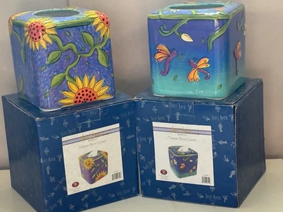 2x Terri Kern Designs Ceramic Tissue Covers Purple Sunflowers & Blue Floral NOS - Image 1 of 4