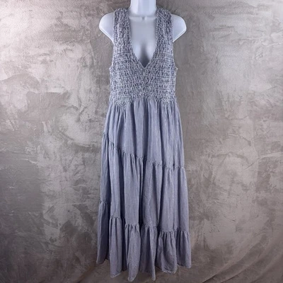 Free People Juno Smocked Maxi Dress Womens Size Large Blue Striped Tiered Boho - Image 1 of 4