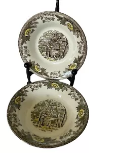 Royal China Fair Oaks Braun Transfergeschirr Set 2 Beerenschalen Mann am Wasser Brunnen Vintage - Bild 1 von 6