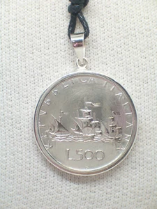 Ciondolo in ARGENTO 925 con 500 lire serie CARAVELLE - pendente con girocollo - Picture 1 of 7