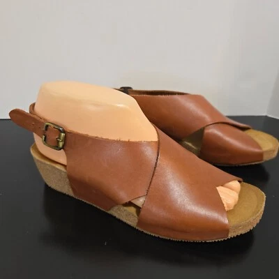 Eric Michael Sandals Slingback Thick Crossover Straps 38/7.5 Buckle Cork wedge - Image 1 of 4