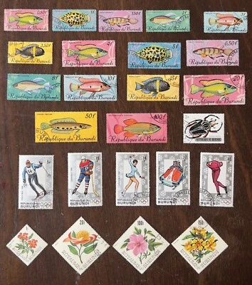 LOTE DE 25 SELLOS USADOS DIFERENTES DE PECES, OLIMPIADAS DE INVIERNO, FLORES BURUNDI Foto 1 de 4