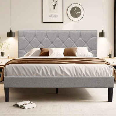 Marco de cama tapizado doble tamaño queen plataforma diamante botón cabecero acolchado Foto 1 de 4