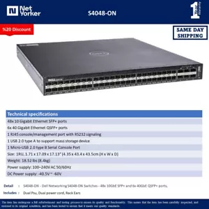 Dell Networking S4048-ON 48x 10GbE SFP+ 6x 40GbE QSFP+ RA-Switch – Versand am selben Tag - Bild 1 von 1