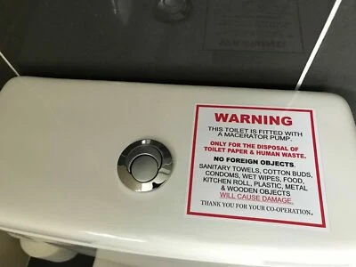 Warning Notice / Sticker Sign for Macerator Toilets. Ideal for Saniflo Toilet s