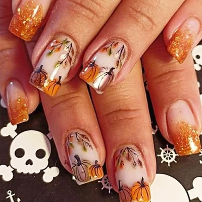 24 peças unhas Fall Press On - Unhas curtas quadradas laranja glitter outono abóboras-15 - Imagem 1 de 4