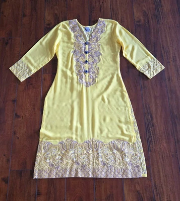 Embroidered Yellow Top Shirt Long Kurti Viscose Lace Floral Buttons Size S/M - Image 1 of 4
