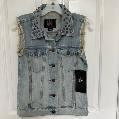 Rock & Republic Denim Vest Womens XS Studded Collar Sleeveless Distressed NWT - Image 1 of 4