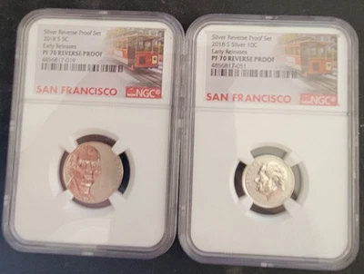 2018 S Jefferson NICKEL AND DIME SET Reverse Proof PF70 NGC ER Trolley Label - Image 1 of 2