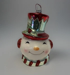 Snowman Head Blown Glass  Ornament  With Glitter Accents 3" Christmas Vintage - Picture 1 of 8