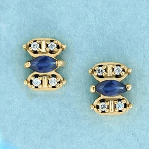 Aretes estilo vintage de zafiro azul marquesa y diamantes de oro de 9 quilates - Imagen 1 de 6
