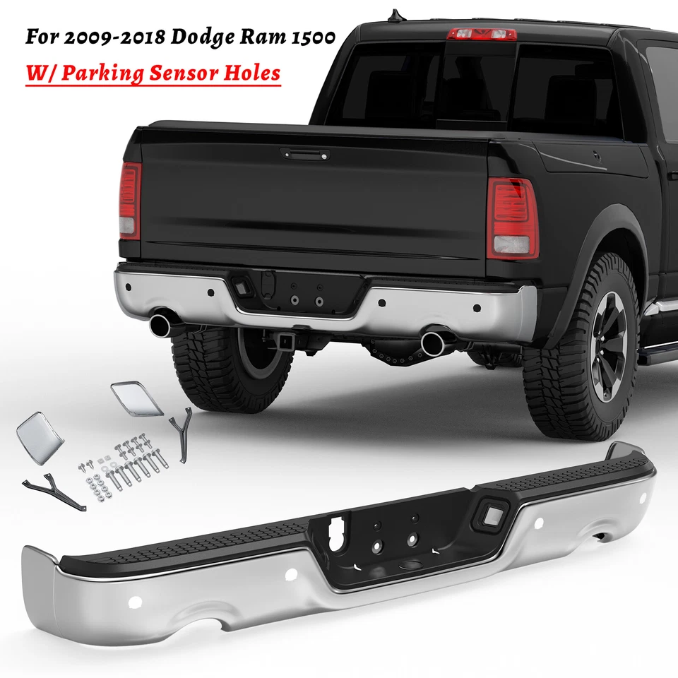 Chrome Rear Bumper For 2009-2018 Dodge Ram 1500 w/ Dual Exhaust & Sensor Holes - Imagem 1 de 4