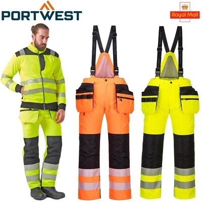 Portwest Hi Vis Waterproof Insulated Winter Trousers Bib & Brace Knee Pad PW351 - Image 1 of 4