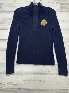 VTG Ralph Lauren Women M Sweater Ribbed Quarter Zip Crest Logo Navy Mock Neck - Picture 1 of 6