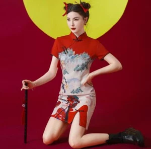 New Summer Women's RED Dresses Chinese Style cheongsam Slim A-line dress Floral - Picture 1 of 17