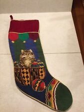 Wool Needlepoint Christmas Stocking 22"  Red Velvet with Kitty & Ornaments