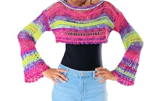 Crochet Sweater Crop Top Handmade Sweater Crop Sweater Knit Sweater Long Sleeve - Picture 1 of 5