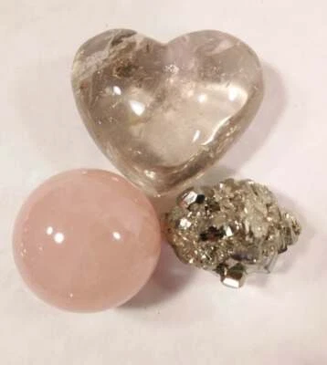 3 Lovely Stones - Pyrite Nugget,  Rose Quartz Sphere,  Smokey Quartz Heart - LB - Image 1 of 4
