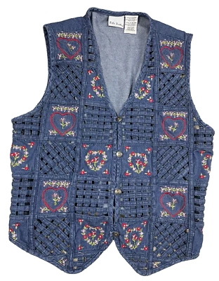 Bobbie Brooks Womens Patchwork Denim Vest Embroidered Hearts Cottagecore Teacher - Image 1 of 4