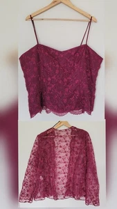 Vtg Floral Cami Top Set Size 1X Burgundy Embroidered Whimsigoth Vamp Sheer 90s - Picture 1 of 17