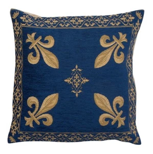 Fleur De Lys Blue Medieval Belgian Tapestry Cushion Throw Pillow Covers 18"x18" - Picture 1 of 13