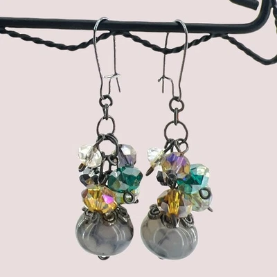 Smoke Gray Dragon's Blood Agate & Crystal Drop Earrings on Gunmetal Kidney Wires - Image 1 of 4