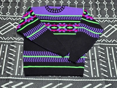 Vintage Demetre "Day Glo" "Black Light" Neon Ski Sweater in Mens XL PURPLE GREEN - Image 1 of 4