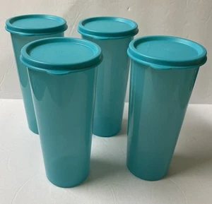 Tupperware Set Of 4 16 Oz Tumblers Drinking Cups W/Covers Aqua Color - Picture 1 of 5